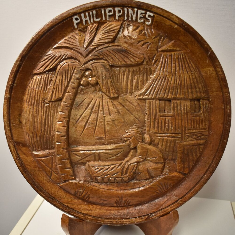 Vintage Hand Carved 3-D Wood Decorative Plaque Of The Philippines - 10.5” Plate